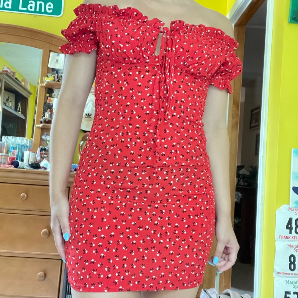 Red off the shoulder mini dress